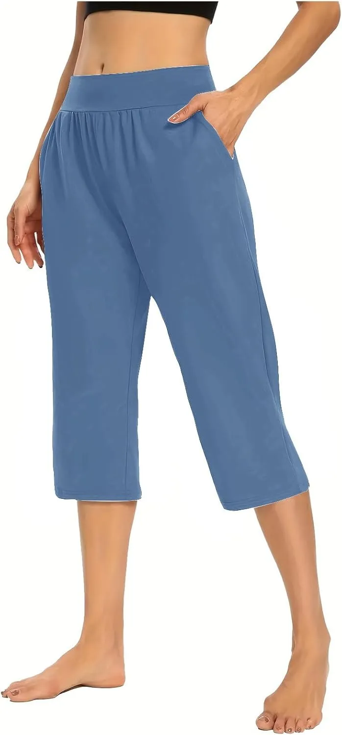 LFEOOST Capri Pants for Women High Waist Wide Leg Yoga Cropped Pants with Pockets Loose Casual Summer Outfits Lounge Pants