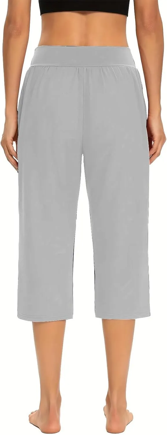 LFEOOST Capri Pants for Women High Waist Wide Leg Yoga Cropped Pants with Pockets Loose Casual Summer Outfits Lounge Pants