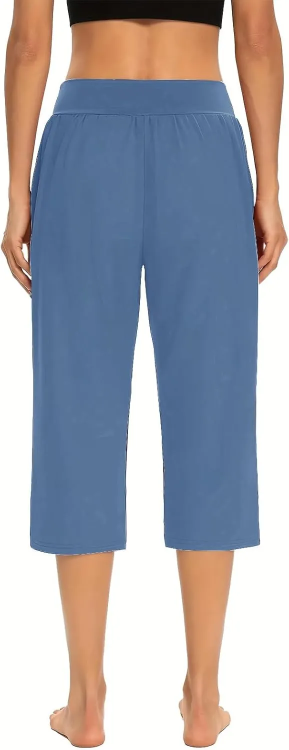 LFEOOST Capri Pants for Women High Waist Wide Leg Yoga Cropped Pants with Pockets Loose Casual Summer Outfits Lounge Pants