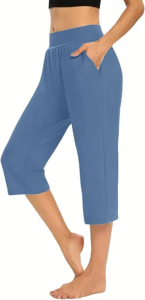 LFEOOST Capri Pants for Women High Waist Wide Leg Yoga Cropped Pants with Pockets Loose Casual Summer Outfits Lounge Pants