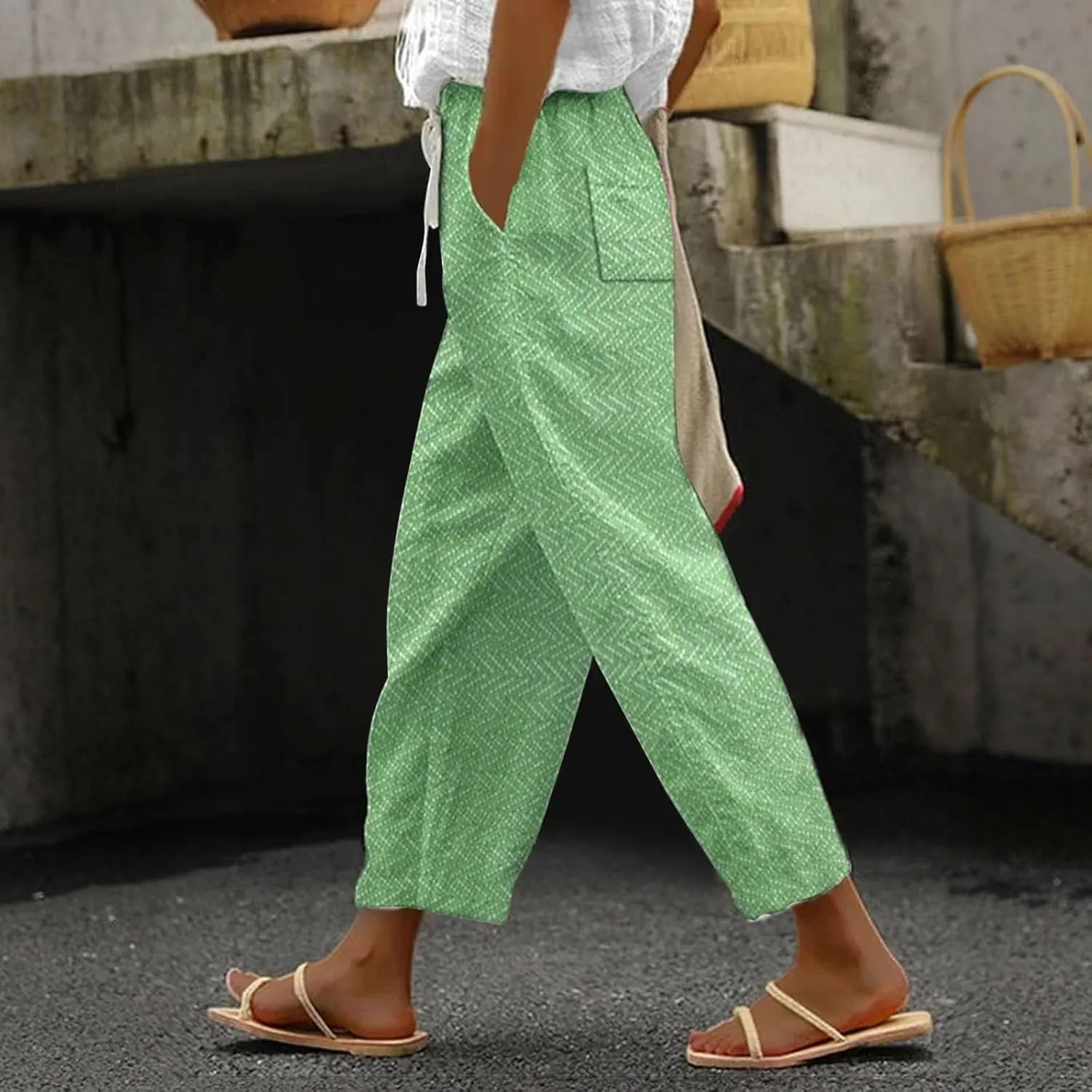Linen Capri Pants for Women 2024 Capri Pants with Pockets Wide Leg Cropped Pants for Women Linen Capri Pants for