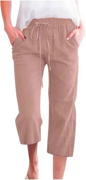 Linen Capri Pants for Women High Waist Casual Wide Straight Leg Trousers 2025 Summer Elastic Plus Size Lounge