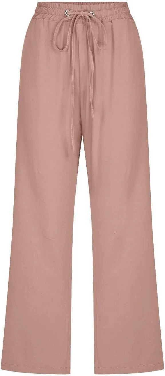Linen Capri Pants for Women High Waist Casual Wide Straight Leg Trousers 2025 Summer Elastic Plus Size Lounge