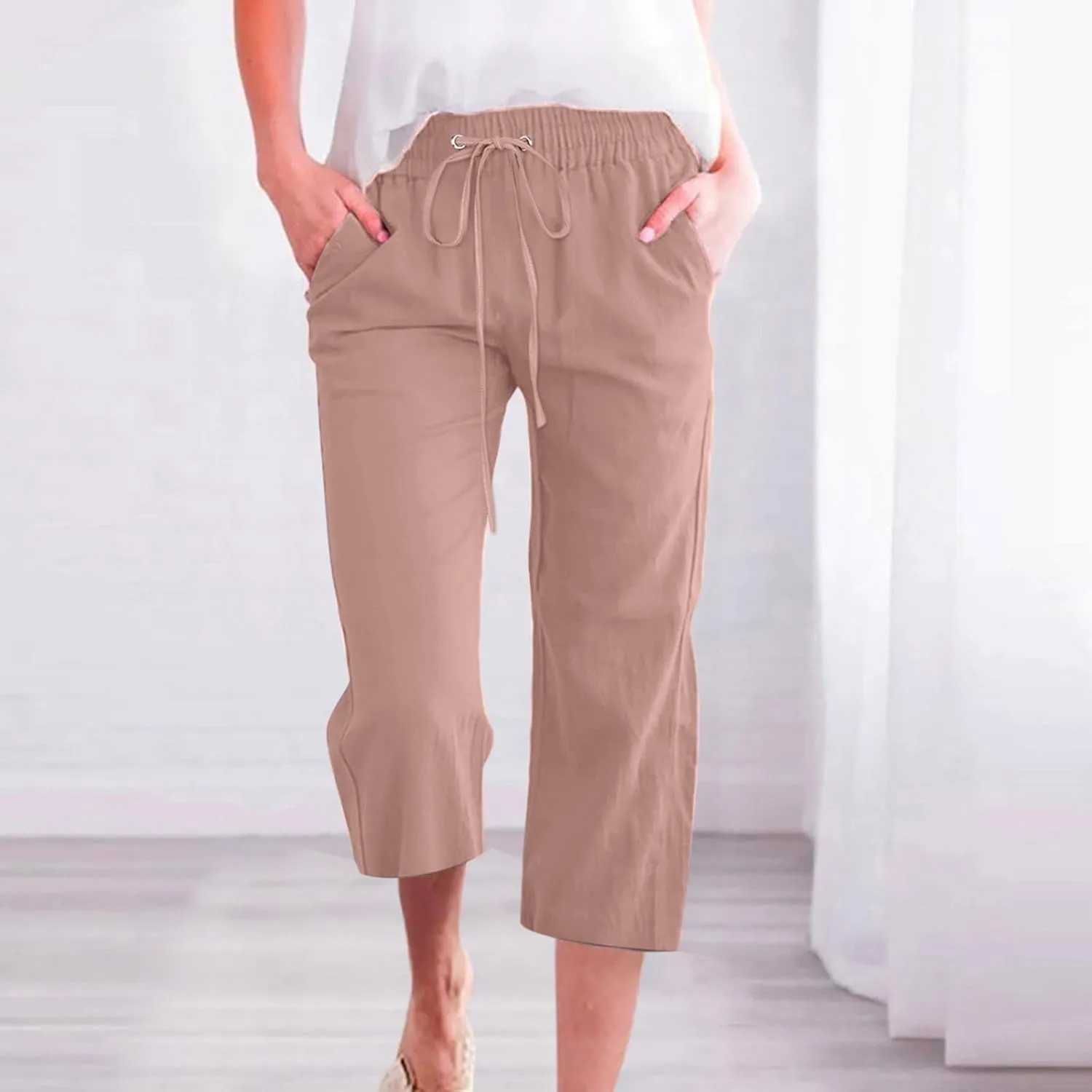 Linen Capri Pants for Women High Waist Casual Wide Straight Leg Trousers 2025 Summer Elastic Plus Size Lounge