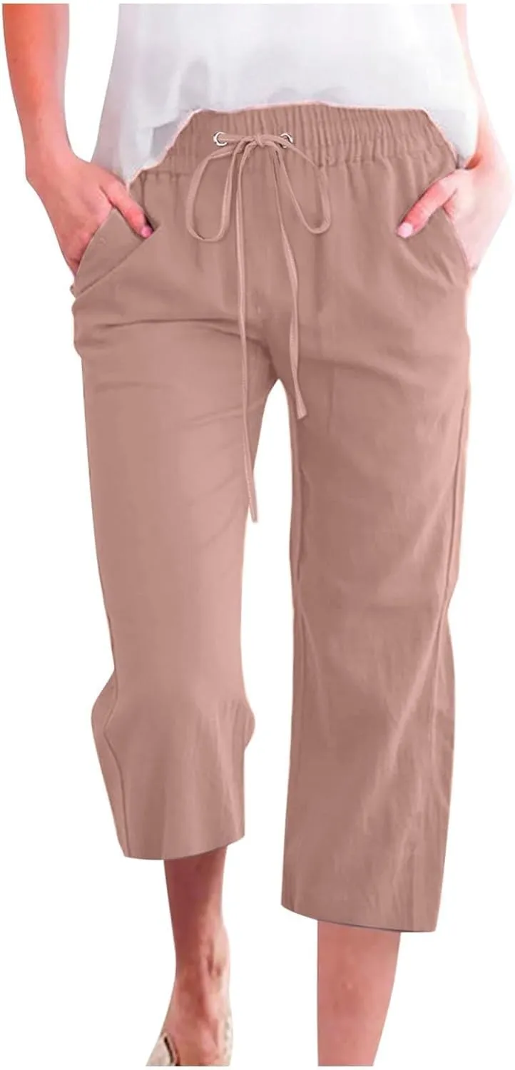 Linen Capri Pants for Women High Waist Casual Wide Straight Leg Trousers 2025 Summer Elastic Plus Size Lounge