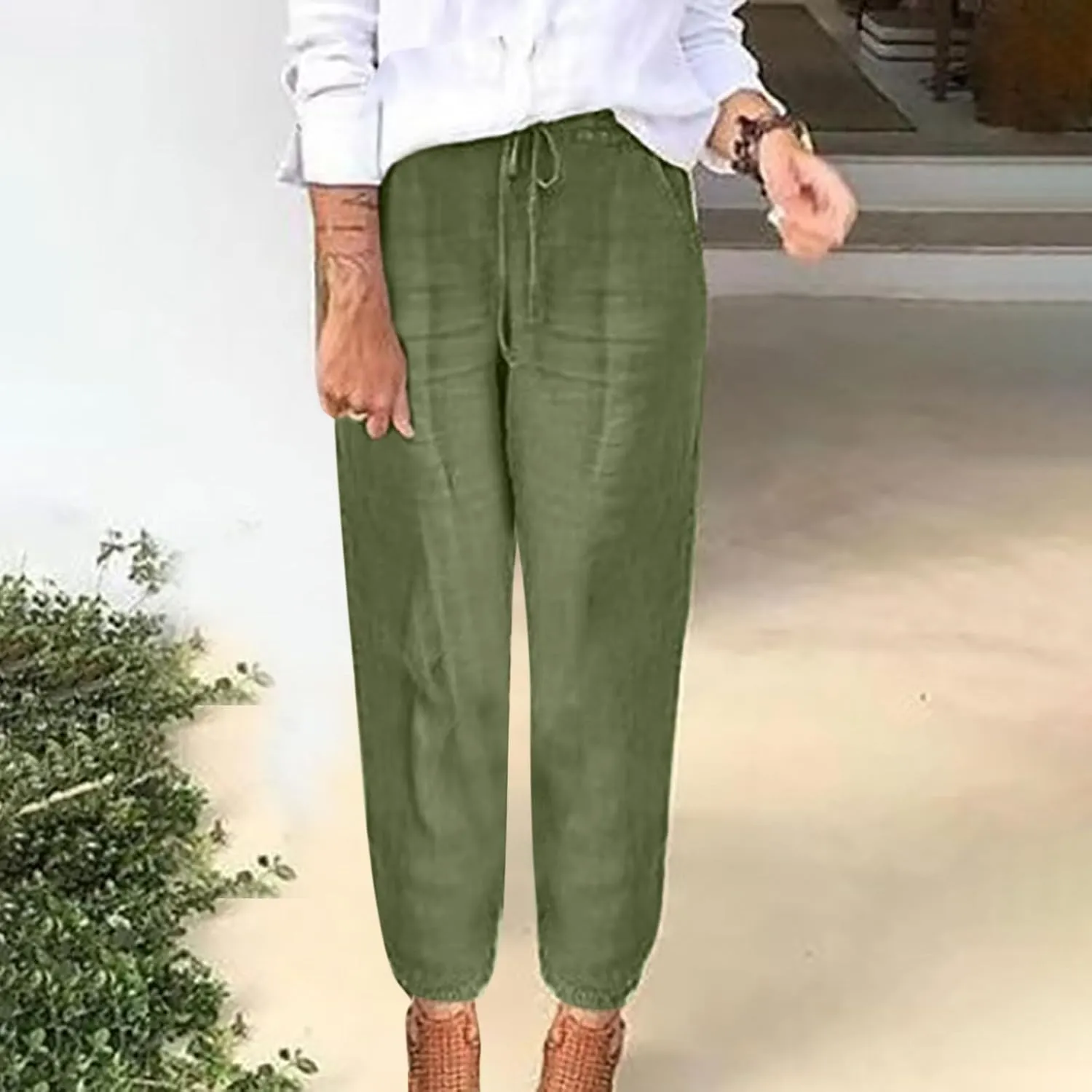 Linen Cropped Pants for Women Summer Elastic Waist Straight Leg Pants Plus Size Casual Beach Trousers