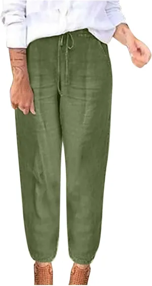 Linen Cropped Pants for Women Summer Elastic Waist Straight Leg Pants Plus Size Casual Beach Trousers