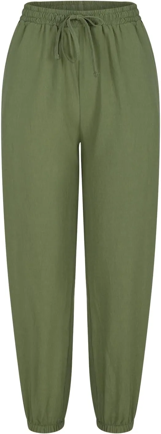 Linen Cropped Pants for Women Summer Elastic Waist Straight Leg Pants Plus Size Casual Beach Trousers