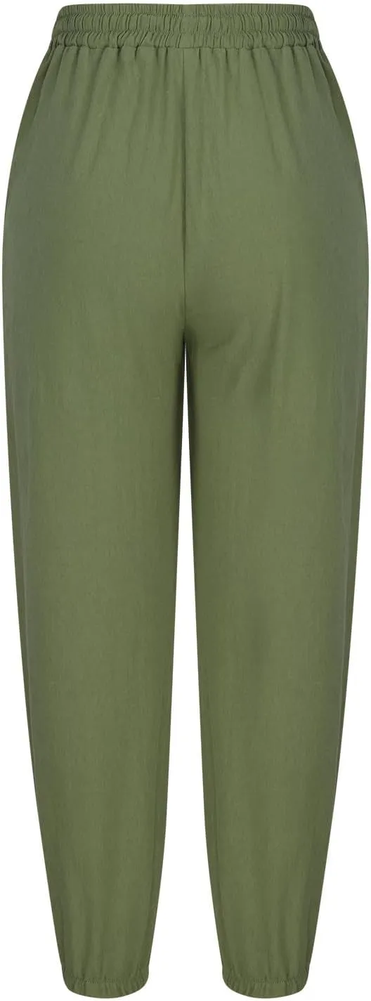Linen Cropped Pants for Women Summer Elastic Waist Straight Leg Pants Plus Size Casual Beach Trousers