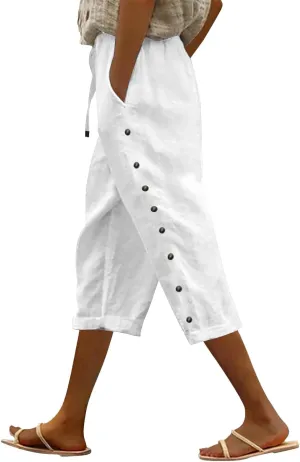 Linen Pants Women Color Cotton Linen Elastic Seven Pants Beach Casual Pants High Waisted Wide Leg Long Lounge Trousers