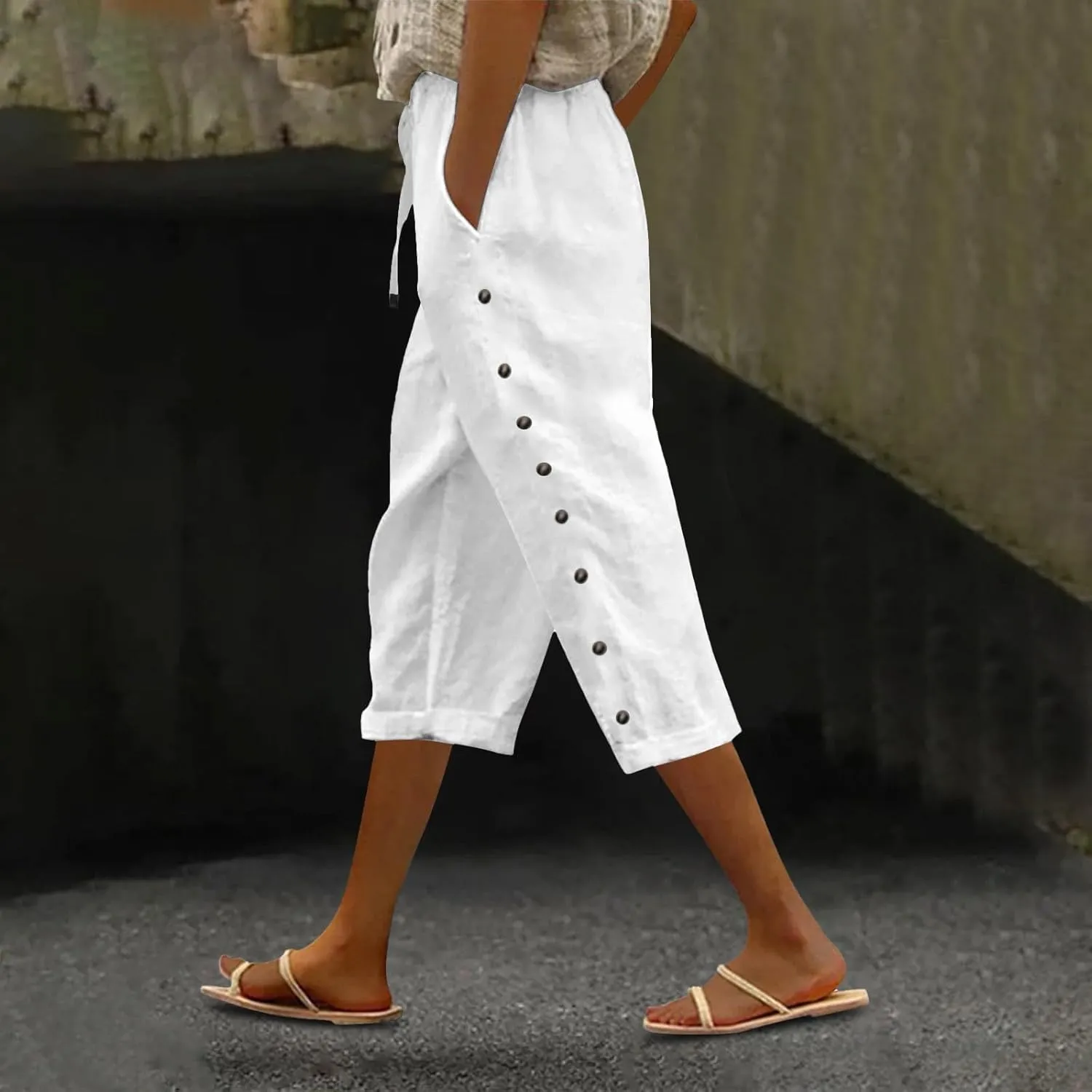 Linen Pants Women Color Cotton Linen Elastic Seven Pants Beach Casual Pants High Waisted Wide Leg Long Lounge Trousers