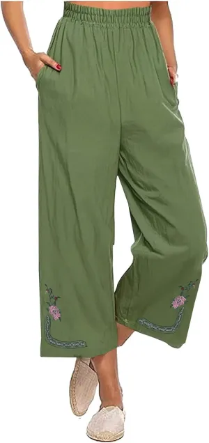 Linen Pants Women Summer Boho Floral Embroidered Pants Wide Leg Palazzo Crop Ankle Pants Comfy Lounge Trousers