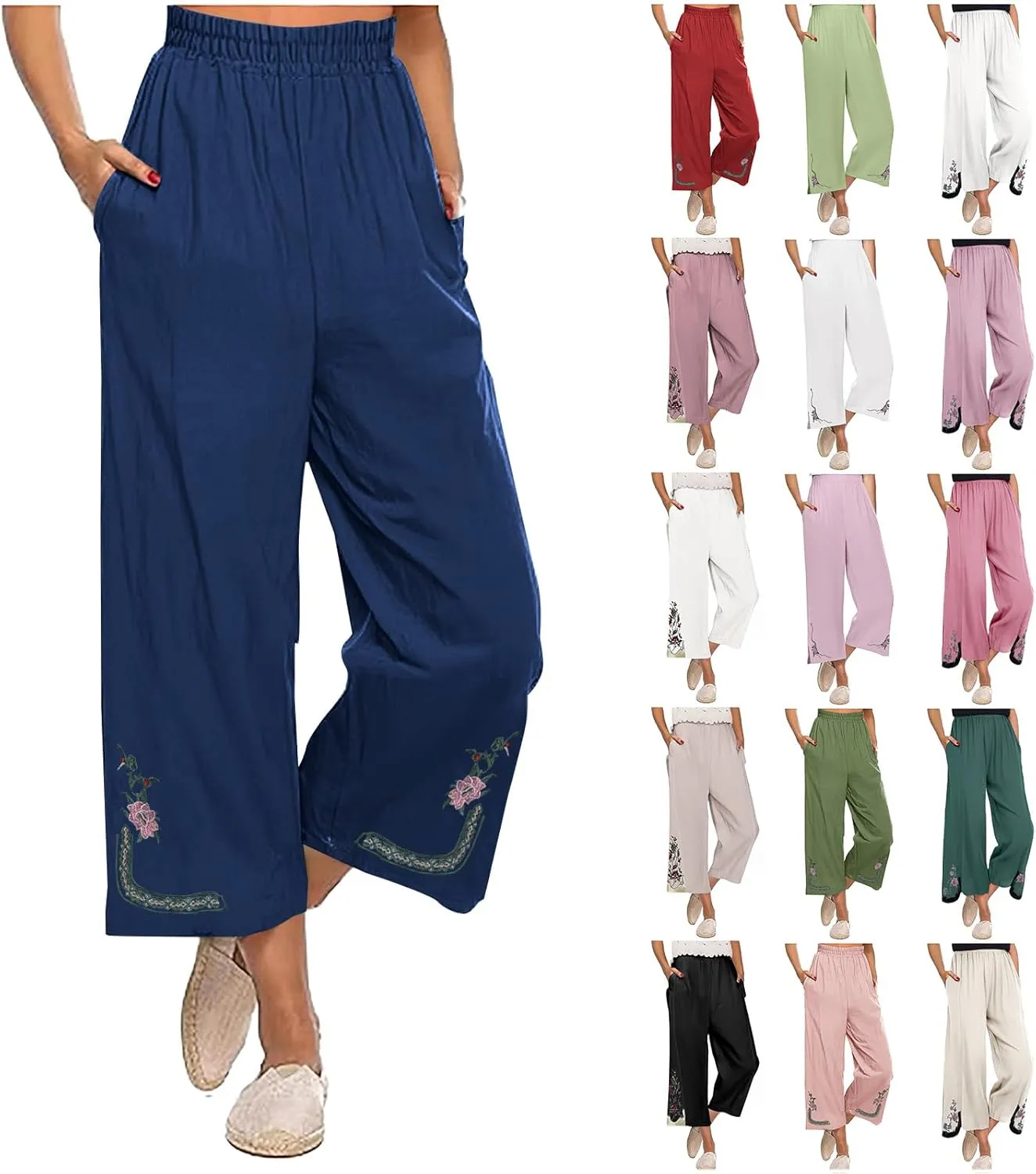 Linen Pants Women Summer Boho Floral Embroidered Pants Wide Leg Palazzo Crop Ankle Pants Comfy Lounge Trousers