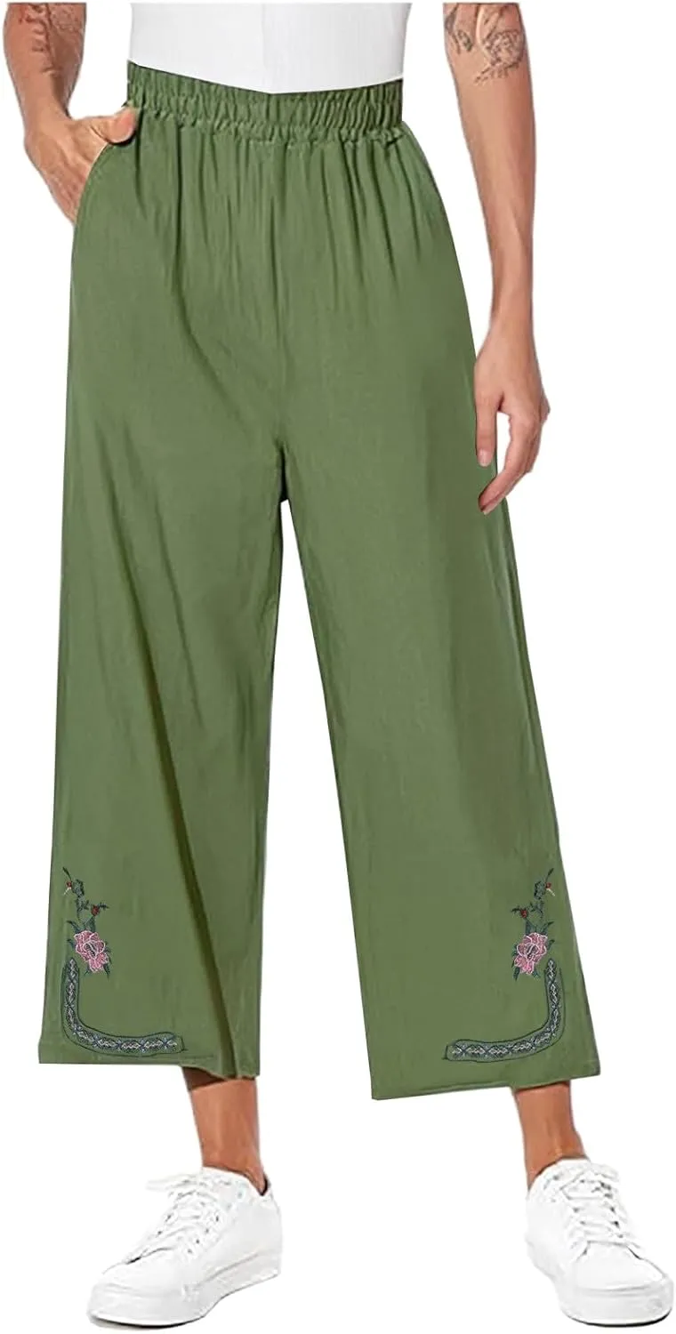 Linen Pants Women Summer Boho Floral Embroidered Pants Wide Leg Palazzo Crop Ankle Pants Comfy Lounge Trousers