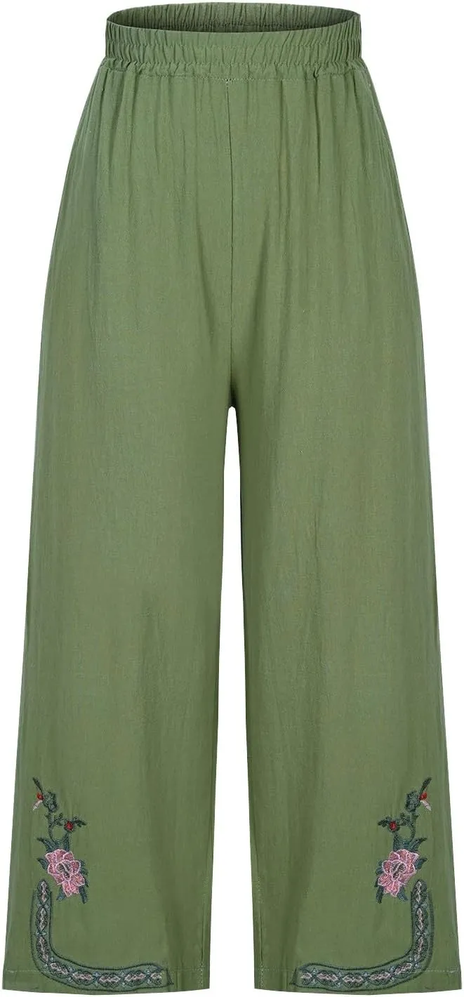 Linen Pants Women Summer Boho Floral Embroidered Pants Wide Leg Palazzo Crop Ankle Pants Comfy Lounge Trousers