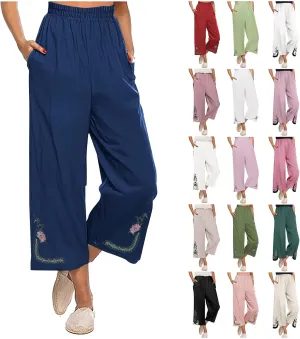 Linen Pants Women Summer Boho Floral Embroidered Pants Wide Leg Palazzo Crop Ankle Pants Comfy Lounge Trousers
