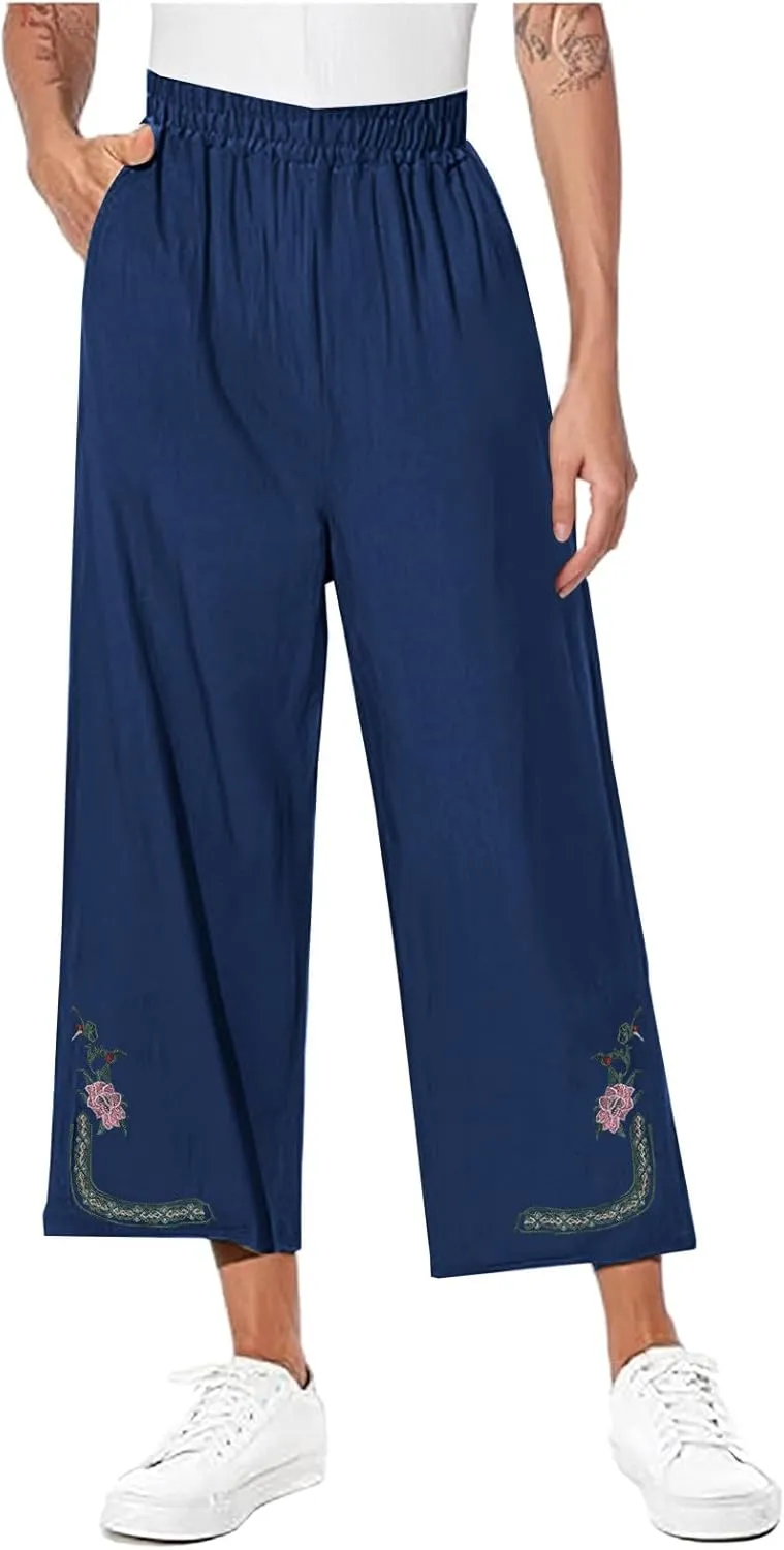 Linen Pants Women Summer Boho Floral Embroidered Pants Wide Leg Palazzo Crop Ankle Pants Comfy Lounge Trousers