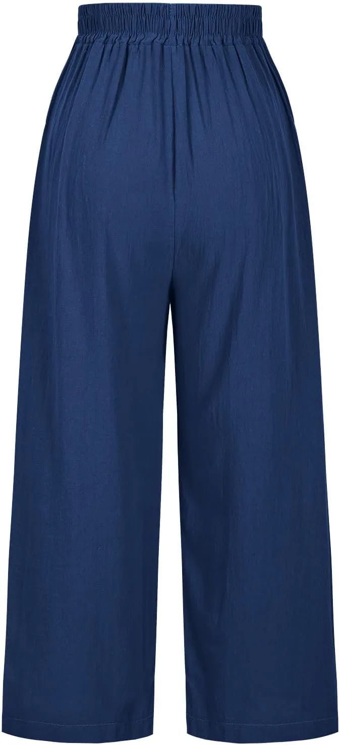 Linen Pants Women Summer Boho Floral Embroidered Pants Wide Leg Palazzo Crop Ankle Pants Comfy Lounge Trousers