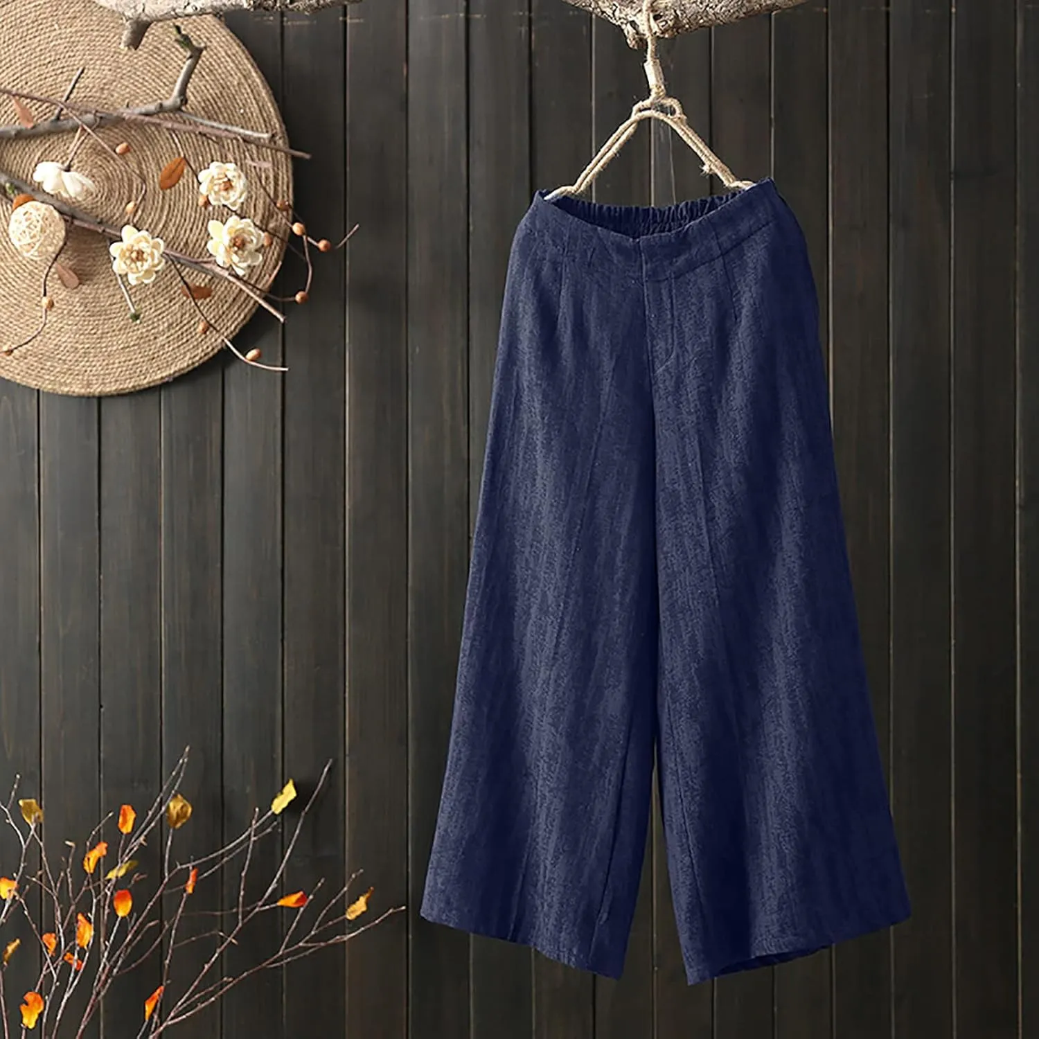 Linen Pants Women Wide Leg Elastic Back Waist Casual Loose Yoga Pants 2024 Fashion Baggy Trouser Summer Beach Outfit