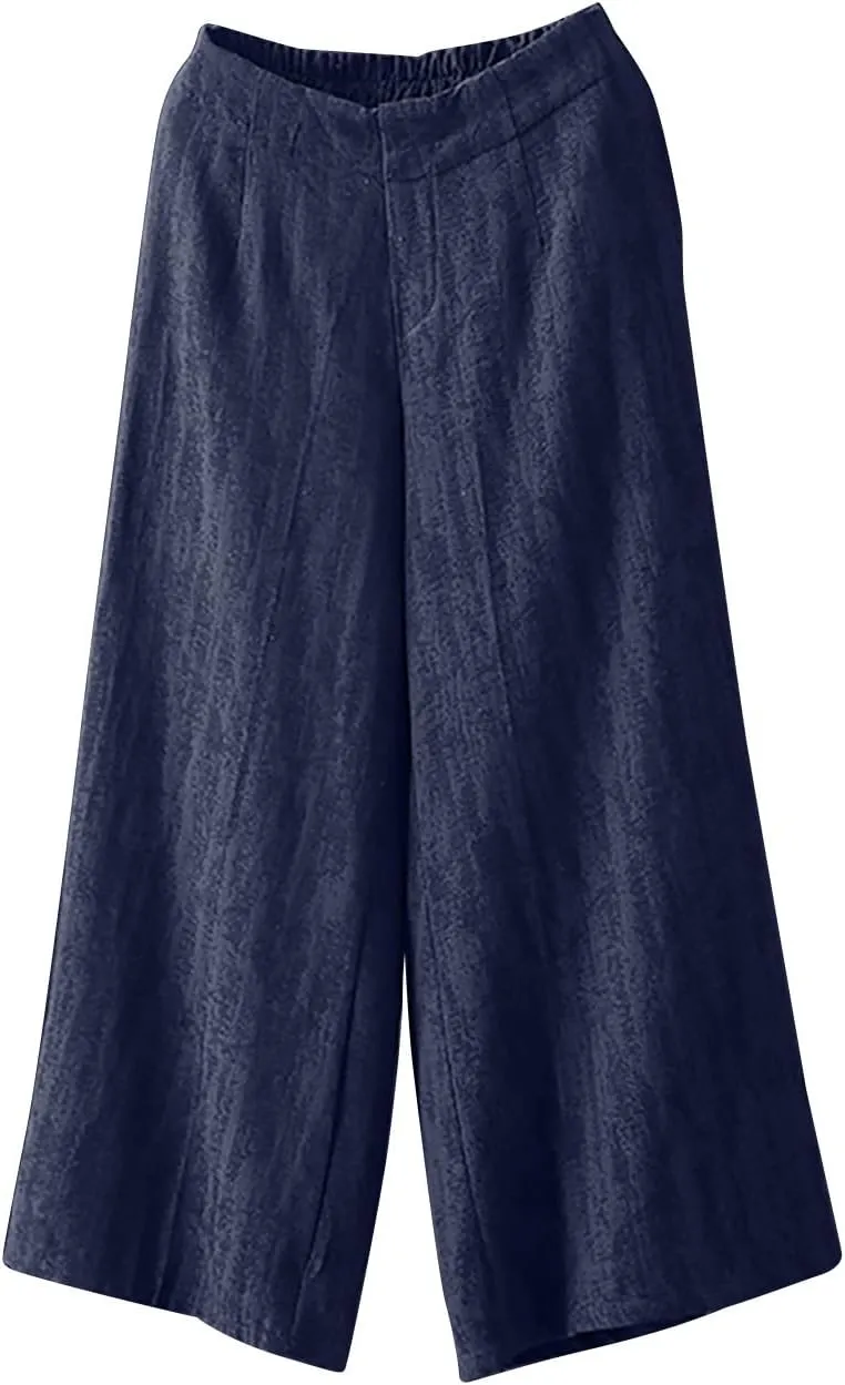 Linen Pants Women Wide Leg Elastic Back Waist Casual Loose Yoga Pants 2024 Fashion Baggy Trouser Summer Beach Outfit