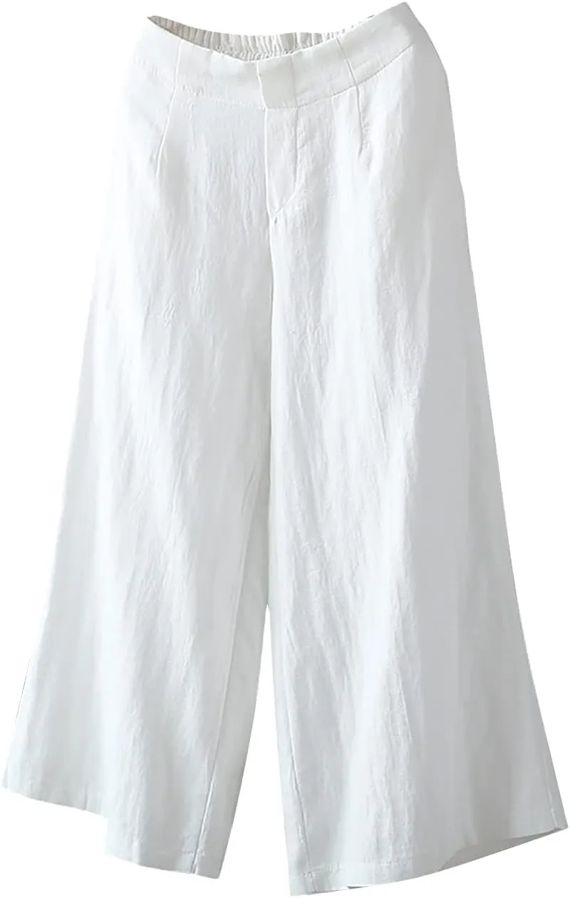 Linen Pants Women Wide Leg Elastic Back Waist Casual Loose Yoga Pants 2024 Fashion Baggy Trouser Summer Beach Outfit