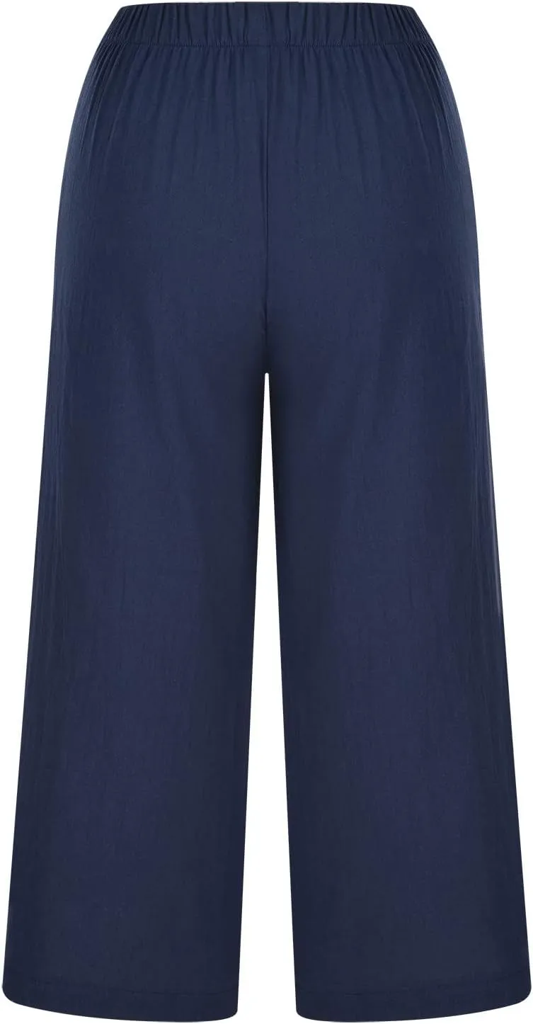Linen Pants Women Wide Leg Elastic Back Waist Casual Loose Yoga Pants 2024 Fashion Baggy Trouser Summer Beach Outfit