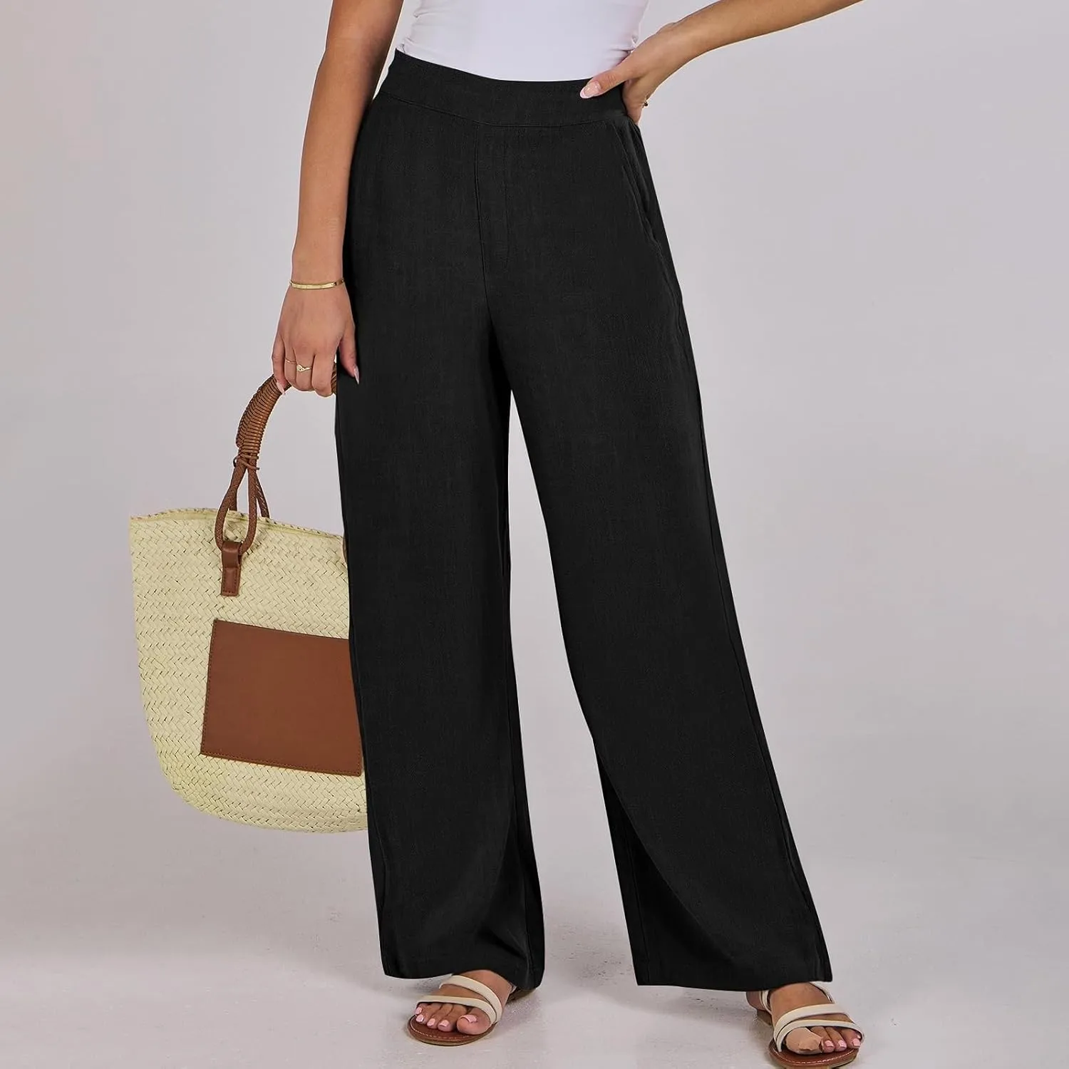Linen Work Pants for Women High Waisted Dress Pants Casual Lightweight Elastic Waist Wide Leg Trousers with Pockets