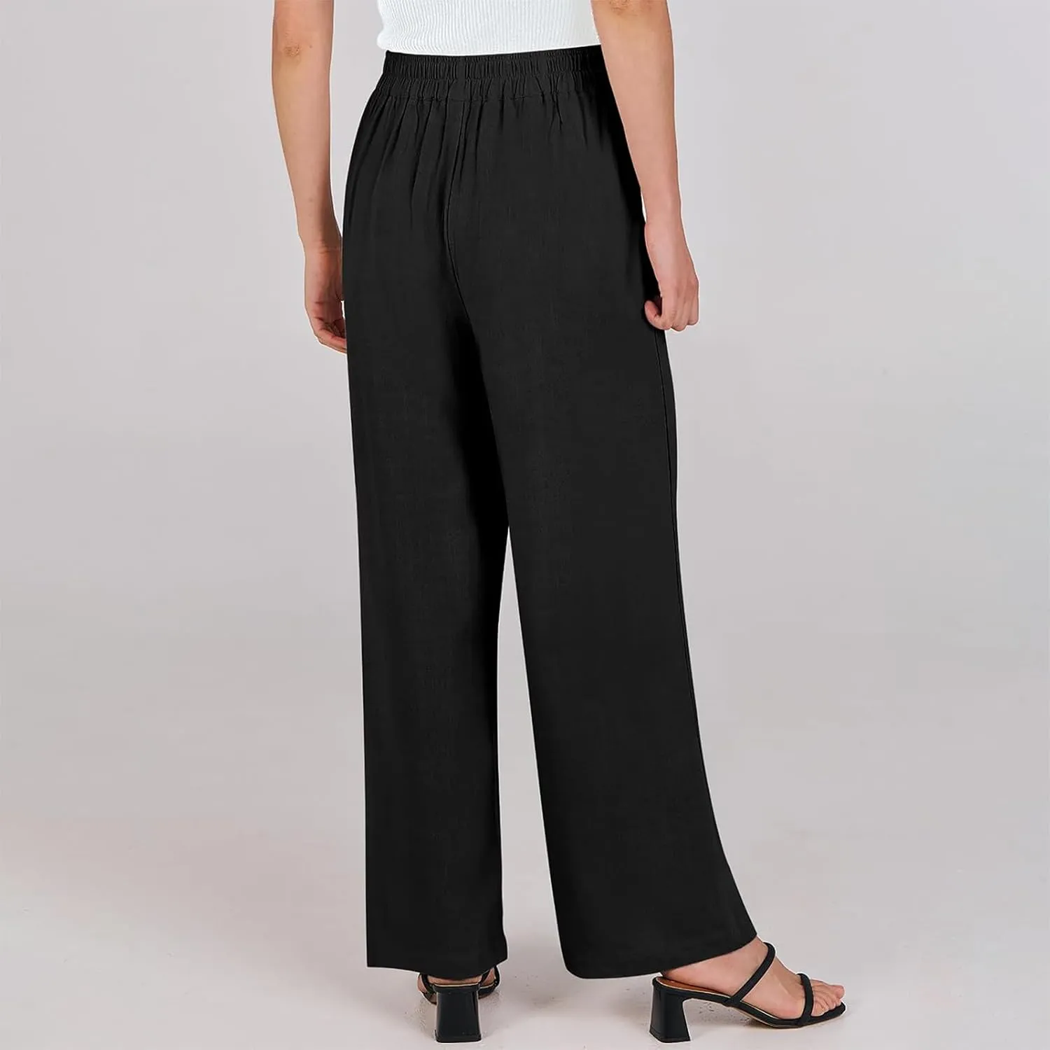 Linen Work Pants for Women High Waisted Dress Pants Casual Lightweight Elastic Waist Wide Leg Trousers with Pockets