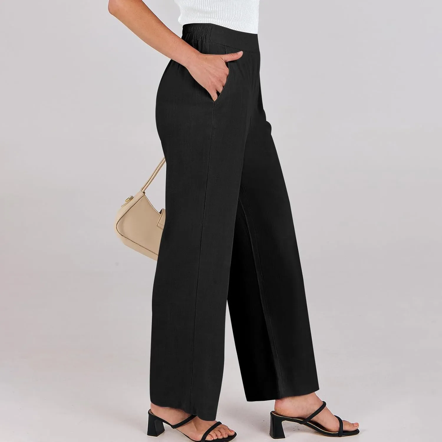 Linen Work Pants for Women High Waisted Dress Pants Casual Lightweight Elastic Waist Wide Leg Trousers with Pockets