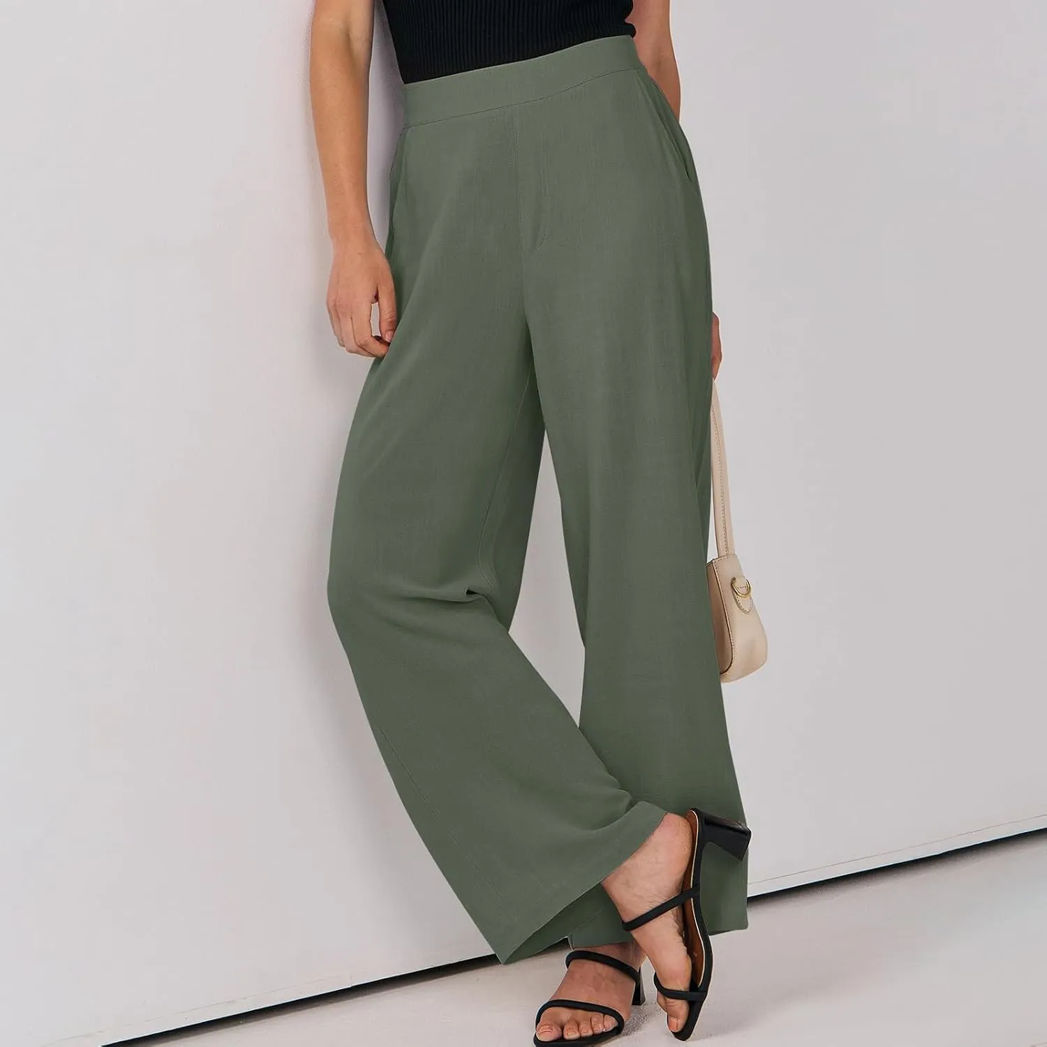 Linen Work Pants for Women High Waisted Dress Pants Casual Lightweight Elastic Waist Wide Leg Trousers with Pockets