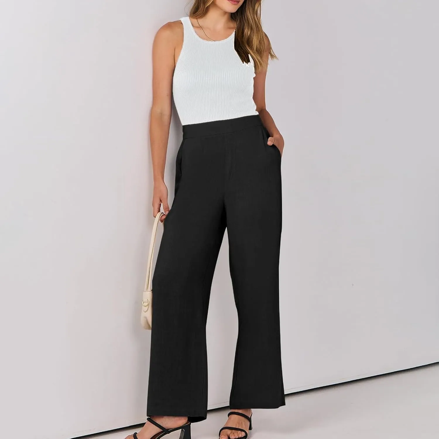 Linen Work Pants for Women High Waisted Dress Pants Casual Lightweight Elastic Waist Wide Leg Trousers with Pockets