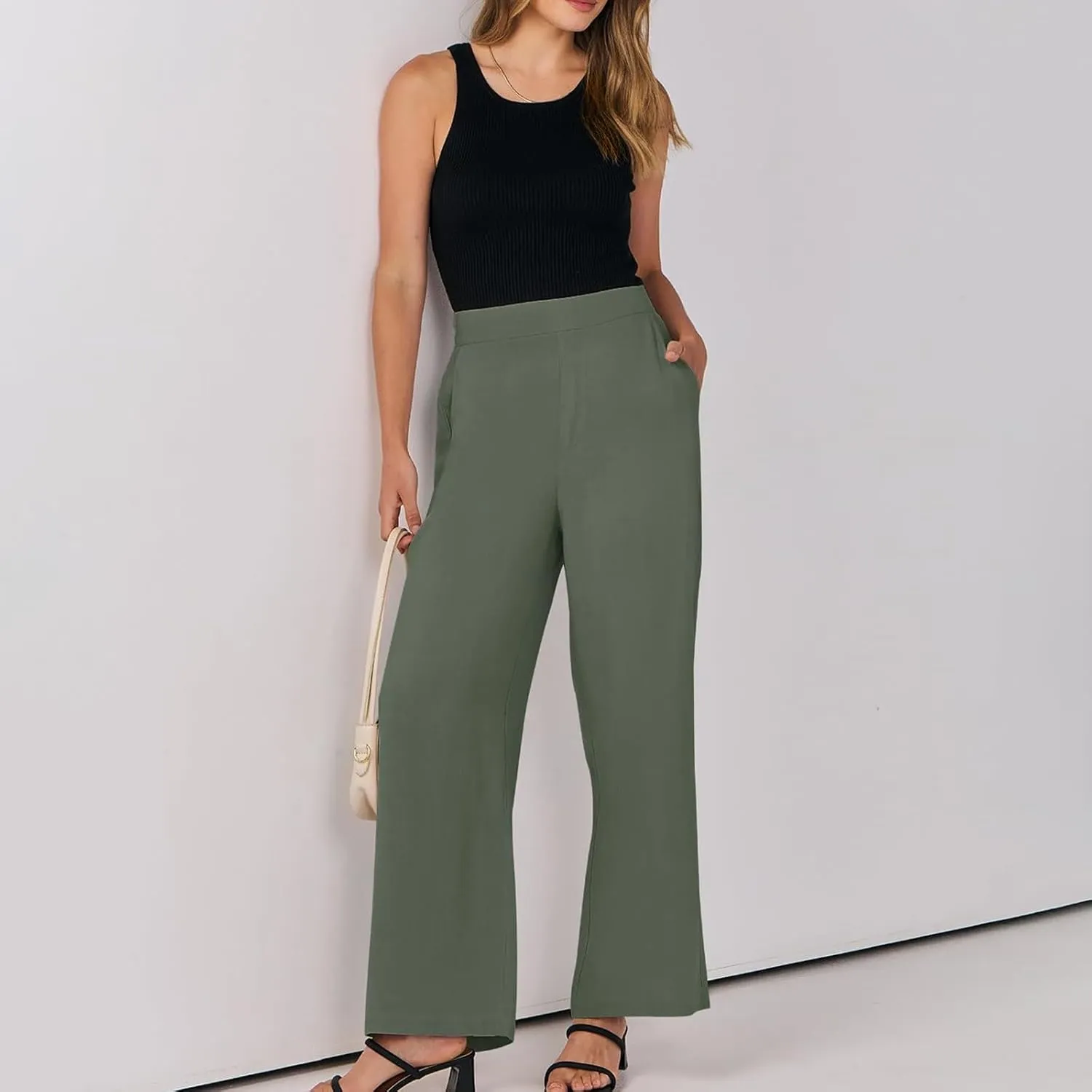 Linen Work Pants for Women High Waisted Dress Pants Casual Lightweight Elastic Waist Wide Leg Trousers with Pockets
