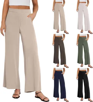 Linen Work Pants for Women High Waisted Dress Pants Casual Lightweight Elastic Waist Wide Leg Trousers with Pockets