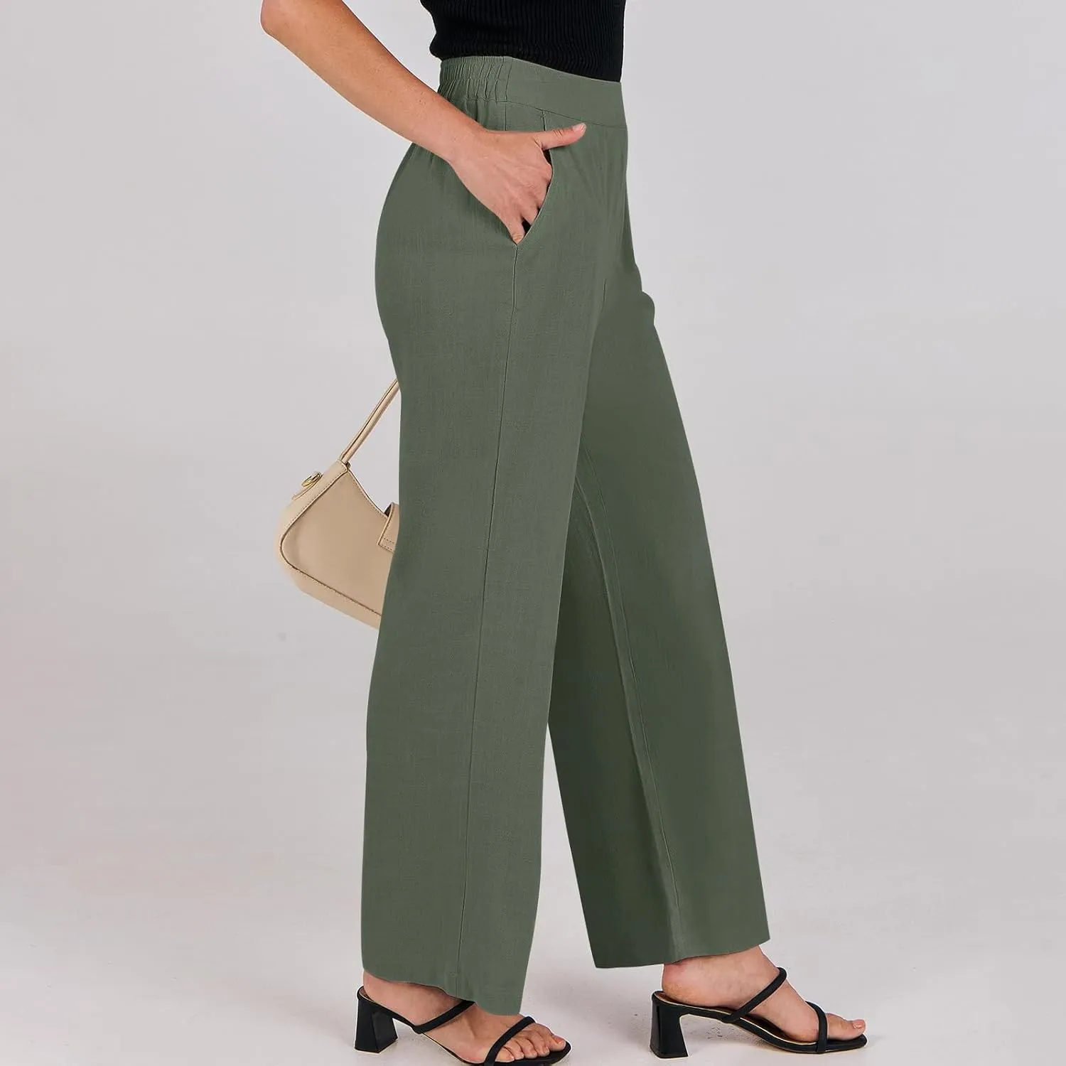 Linen Work Pants for Women High Waisted Dress Pants Casual Lightweight Elastic Waist Wide Leg Trousers with Pockets