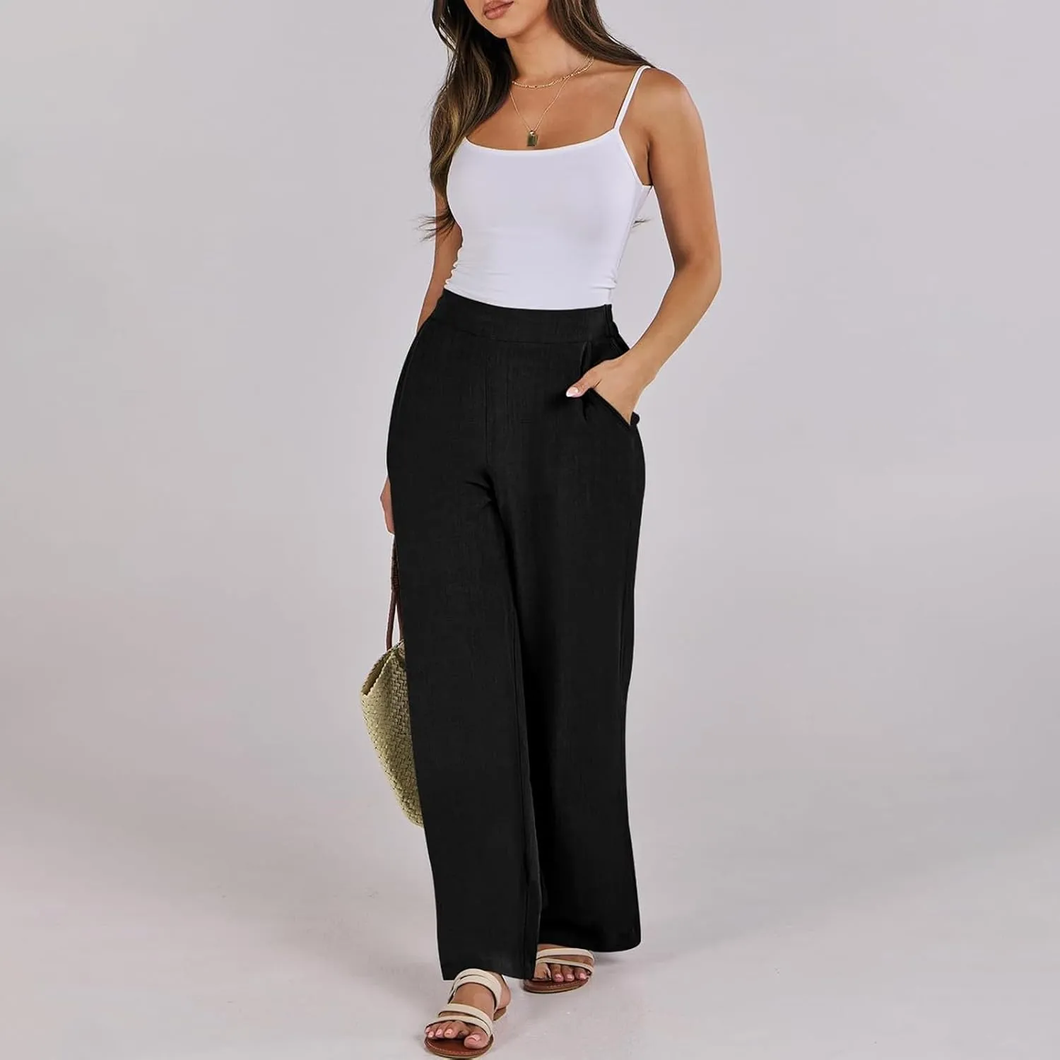 Linen Work Pants for Women High Waisted Dress Pants Casual Lightweight Elastic Waist Wide Leg Trousers with Pockets