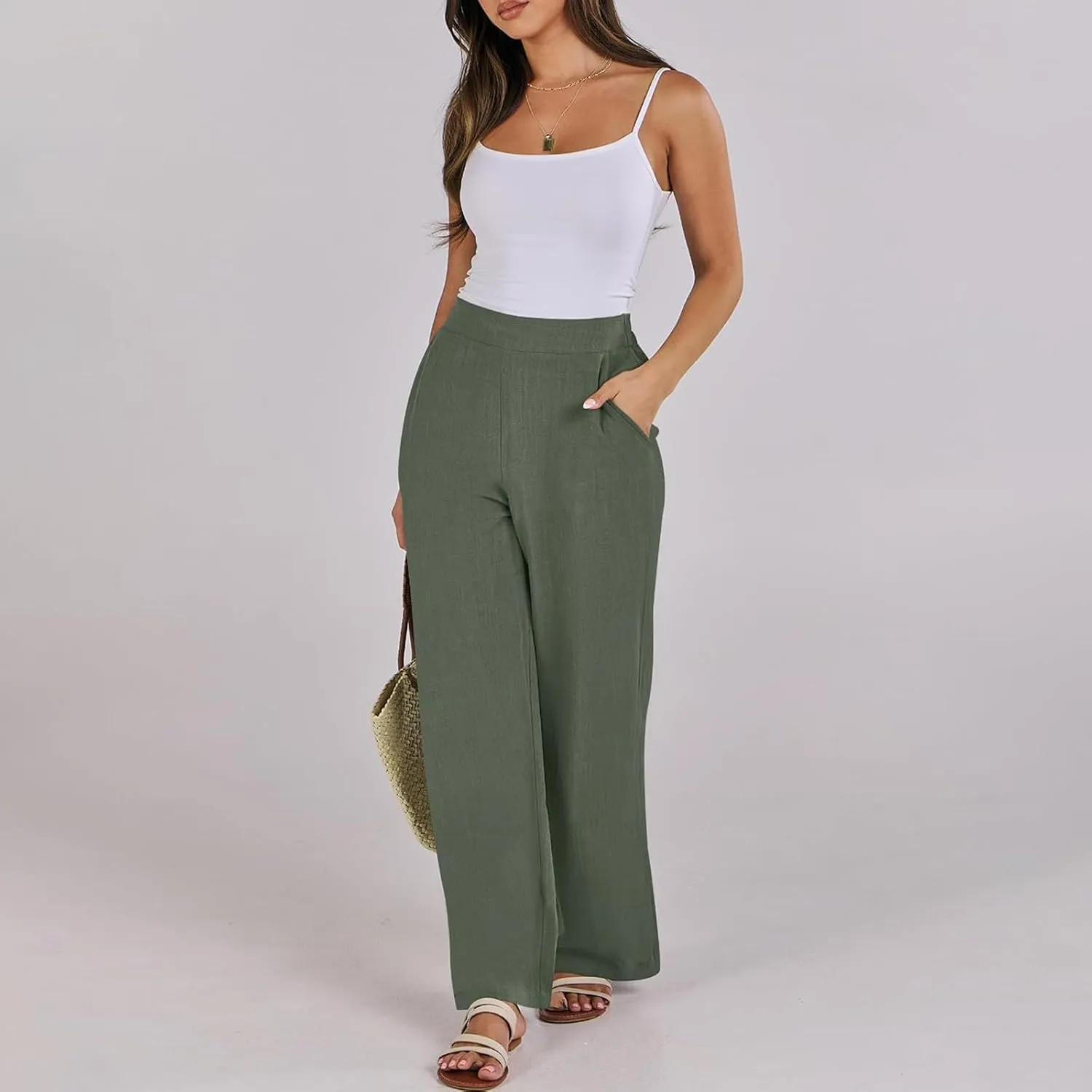 Linen Work Pants for Women High Waisted Dress Pants Casual Lightweight Elastic Waist Wide Leg Trousers with Pockets