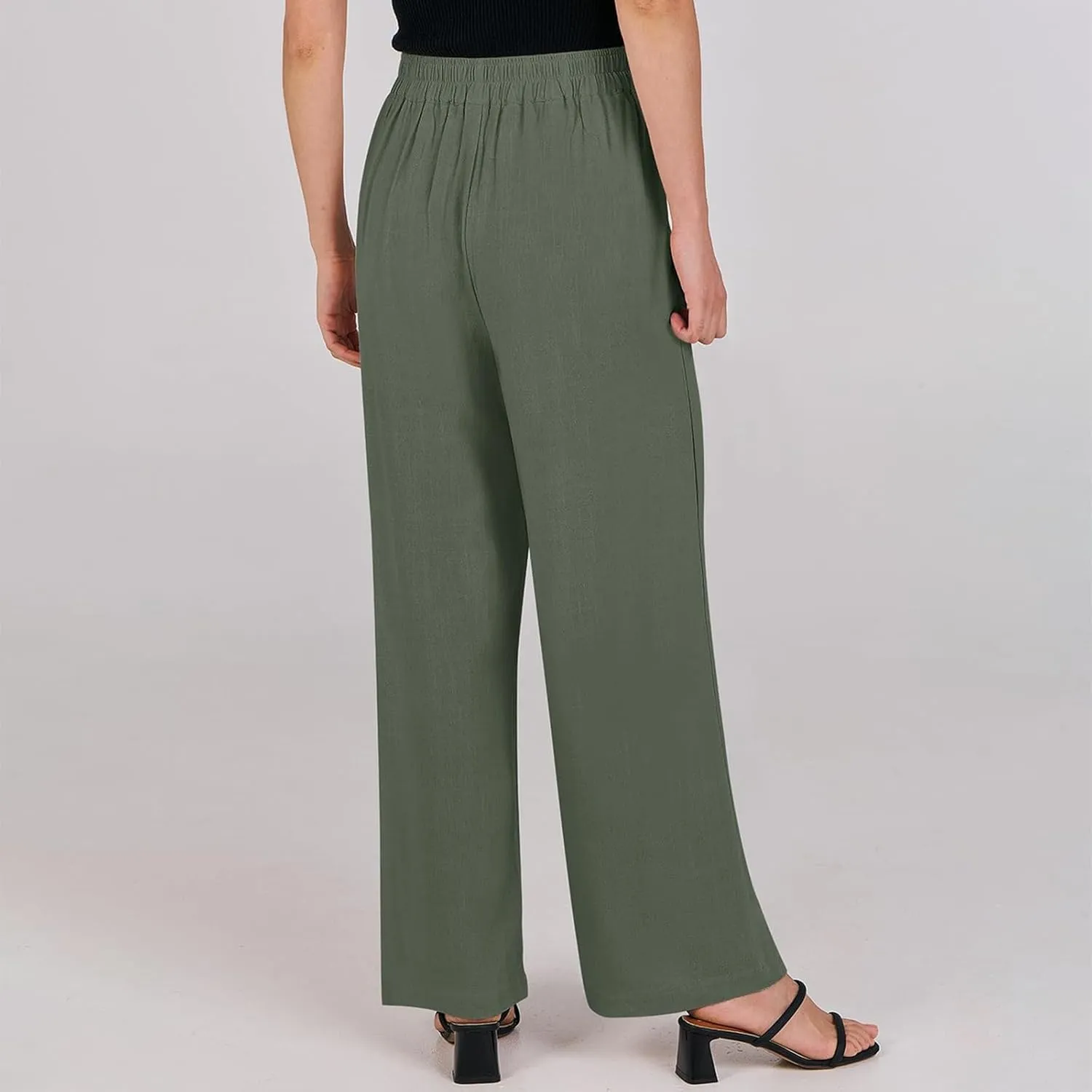 Linen Work Pants for Women High Waisted Dress Pants Casual Lightweight Elastic Waist Wide Leg Trousers with Pockets