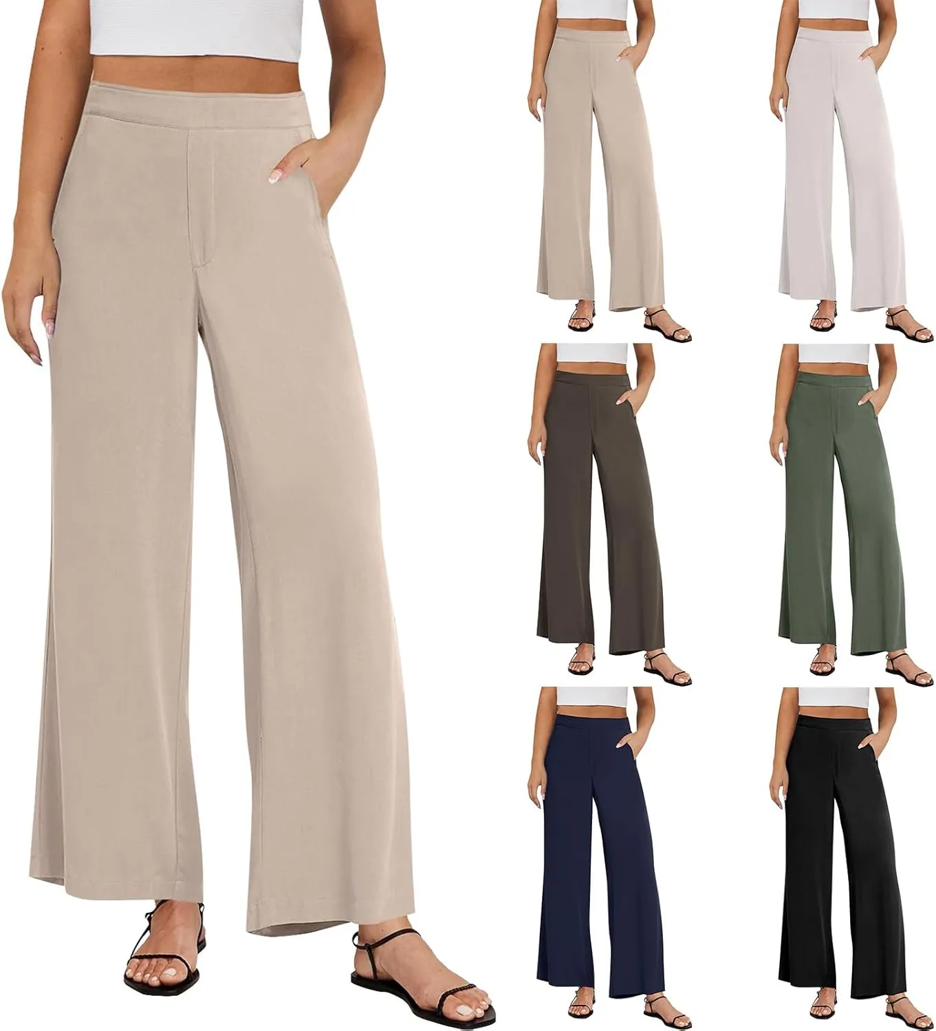Linen Work Pants for Women High Waisted Dress Pants Casual Lightweight Elastic Waist Wide Leg Trousers with Pockets