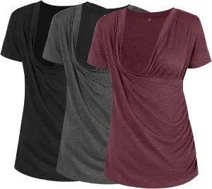 Liu & Qu Women's Maternity Nursing Tops, Layered Wrap for Breastfeeding, V-Neck Short Sleeve Tee Shirts 3 Packs