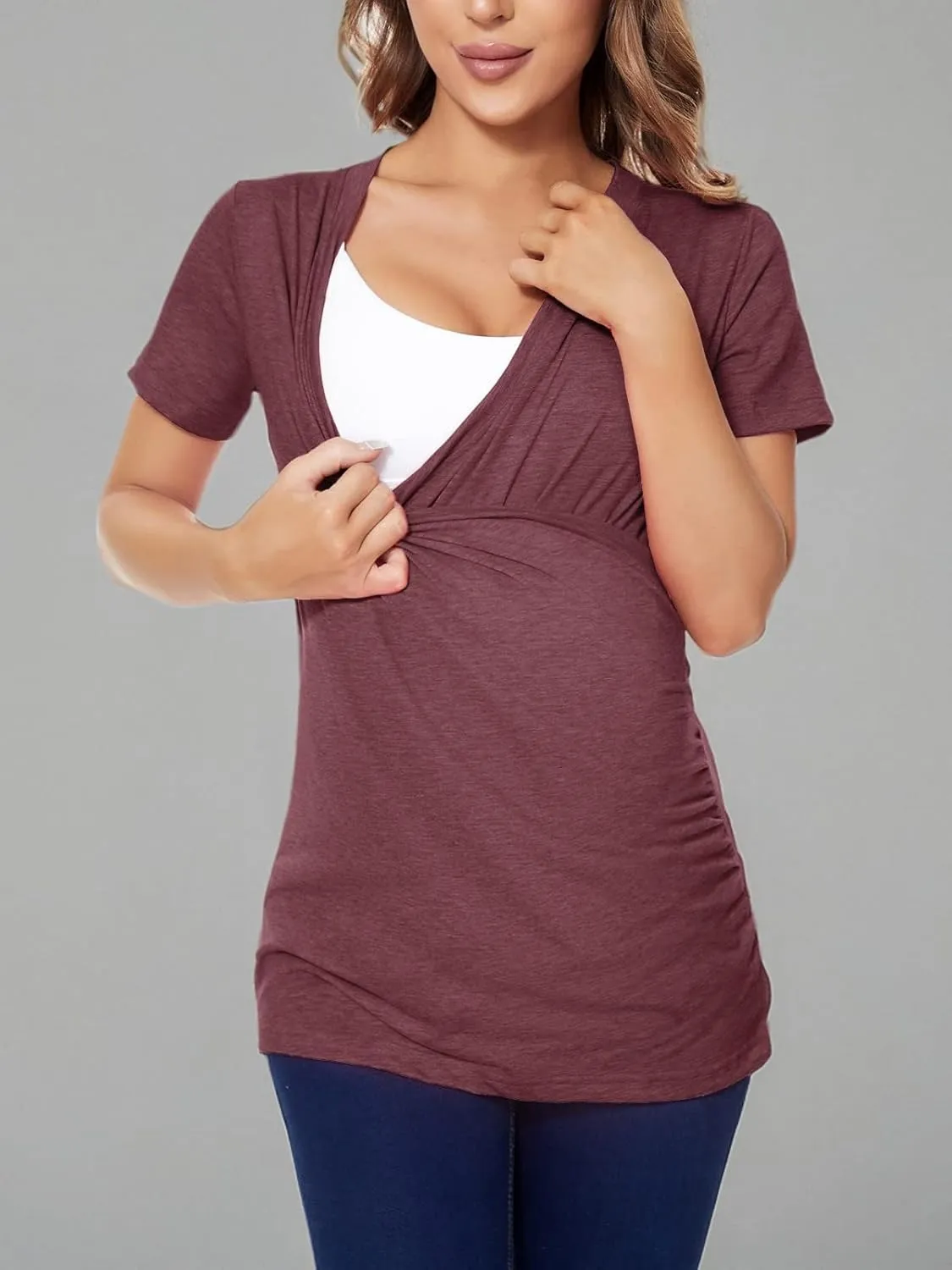 Liu & Qu Women's Maternity Nursing Tops, Layered Wrap for Breastfeeding, V-Neck Short Sleeve Tee Shirts 3 Packs