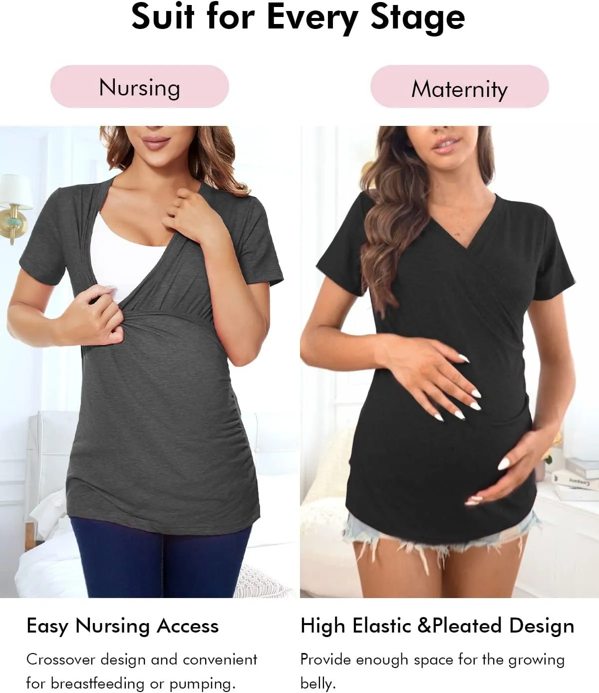 Liu & Qu Women's Maternity Nursing Tops, Layered Wrap for Breastfeeding, V-Neck Short Sleeve Tee Shirts 3 Packs