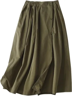 Long Skirts for Women 2024 Elastic Waist Buttons Solid Skirt Summer Causal Ruffle Pleated A-Line Flared Maxi Skirts