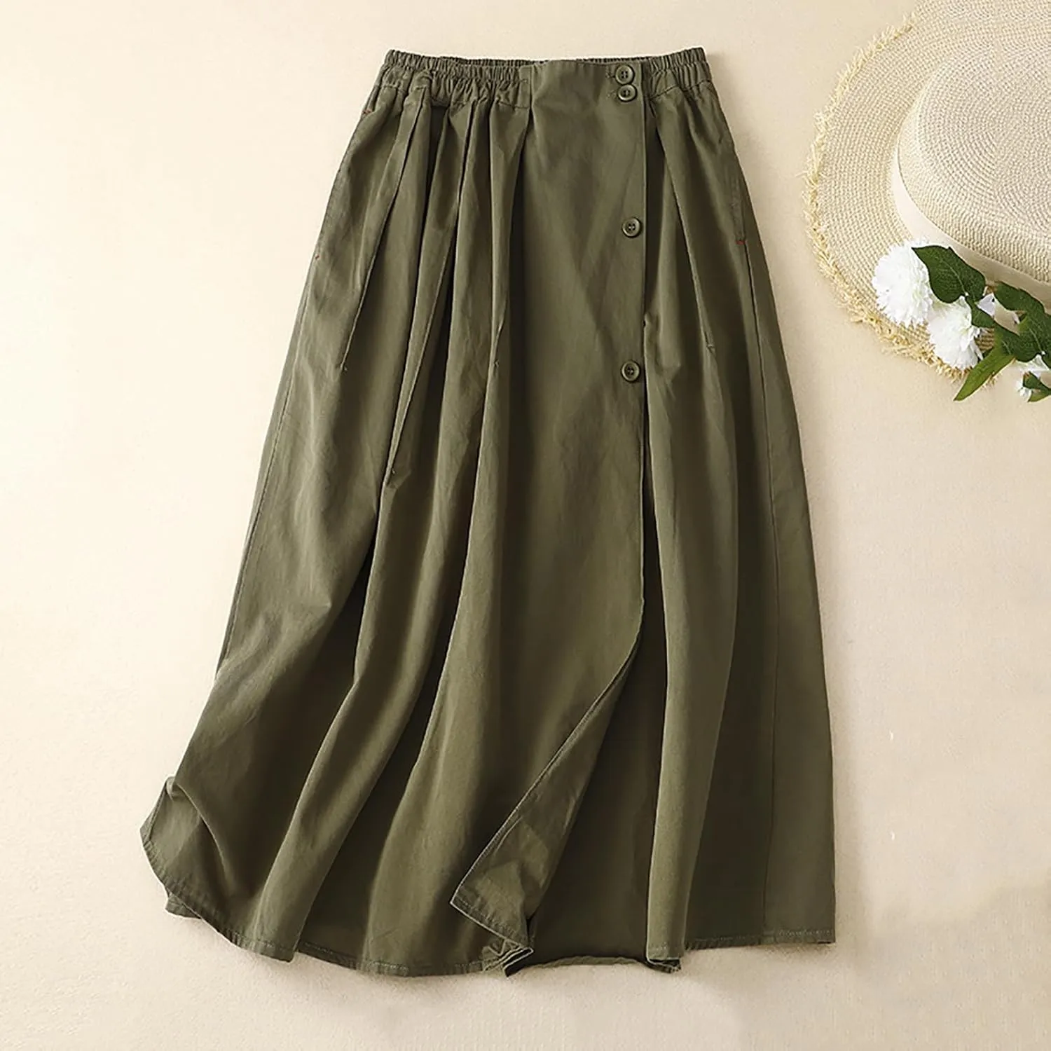 Long Skirts for Women 2024 Elastic Waist Buttons Solid Skirt Summer Causal Ruffle Pleated A-Line Flared Maxi Skirts