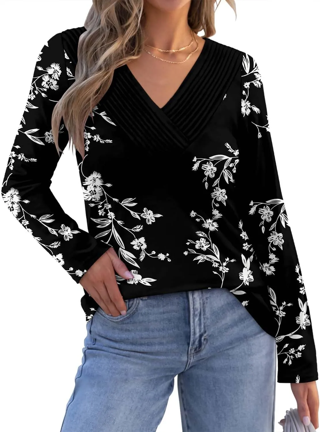 Long Sleeve Shirts for Women Fashion V Neck Basics Casual Top Fitted Tunic Tops