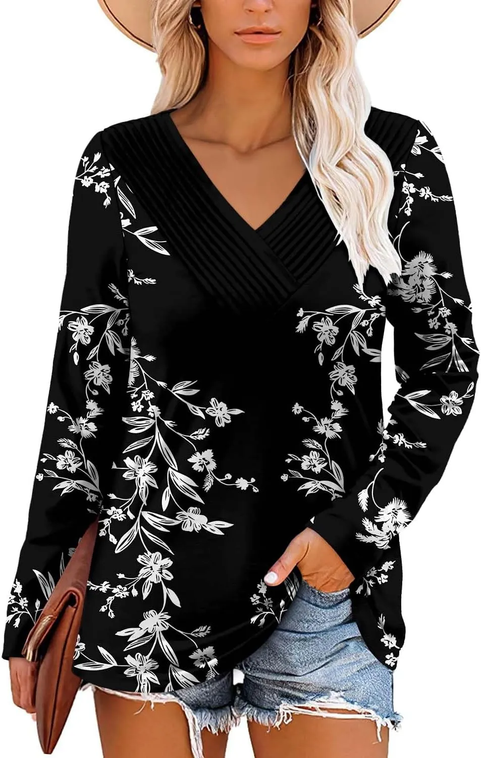 Long Sleeve Shirts for Women Fashion V Neck Basics Casual Top Fitted Tunic Tops