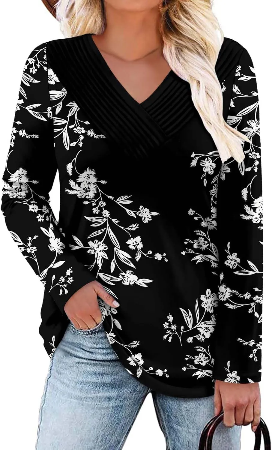 Long Sleeve Shirts for Women Fashion V Neck Basics Casual Top Fitted Tunic Tops