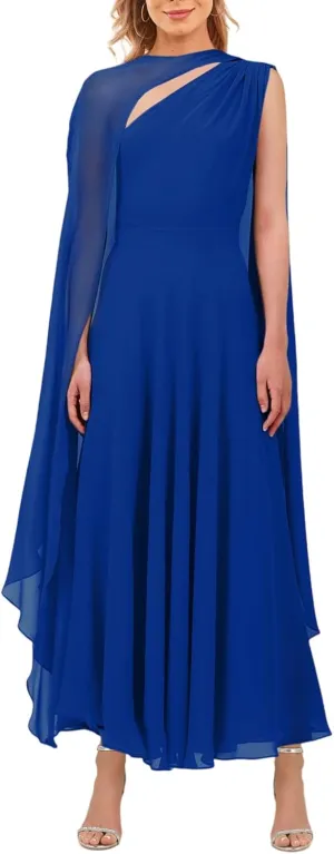 Lrady Women's Elegant Evening Gowns Crewneck One Shoulder Flowy Aline Wedding Guest Party Formal Maxi Dresses with Cape
