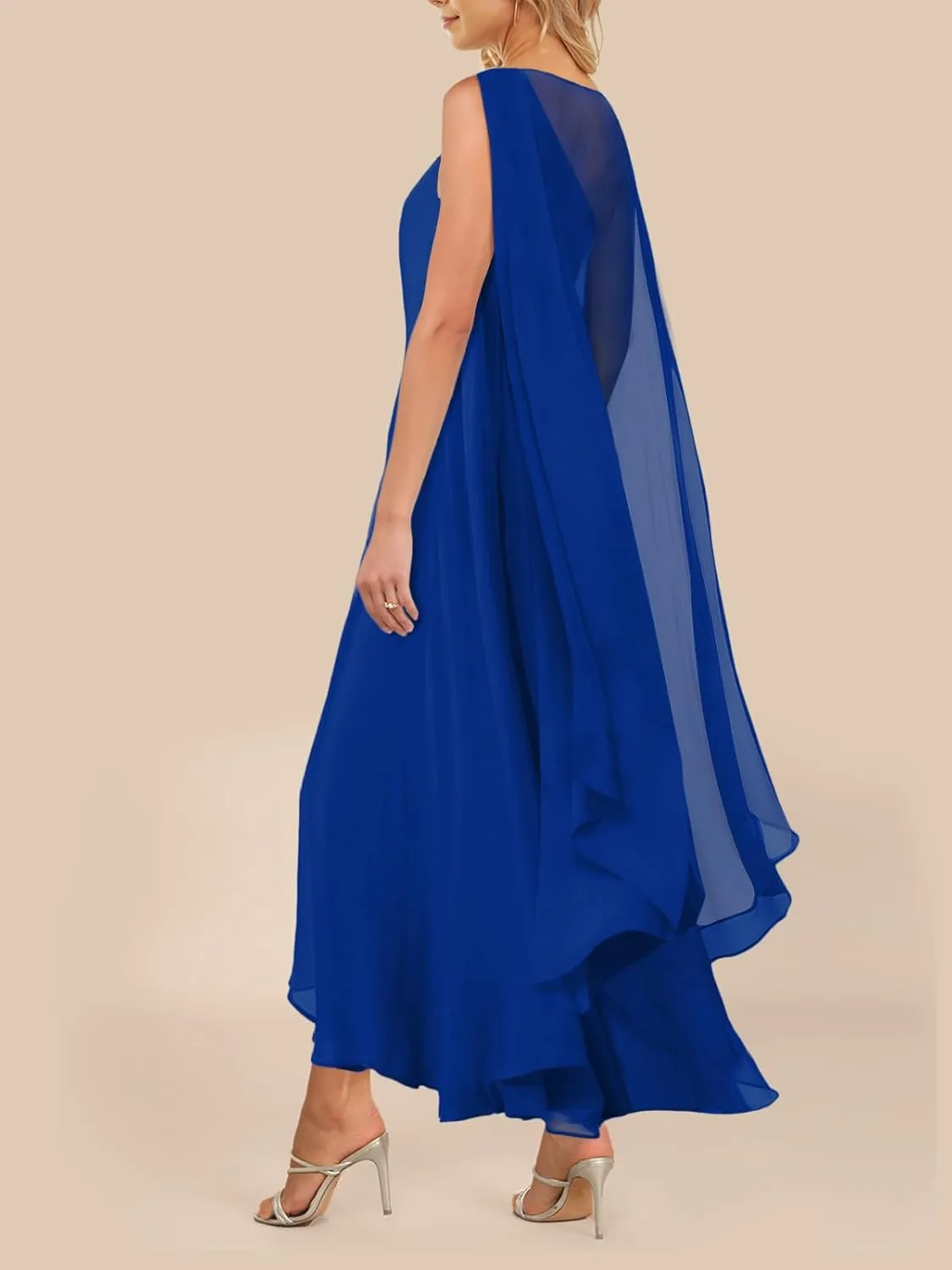 Lrady Women's Elegant Evening Gowns Crewneck One Shoulder Flowy Aline Wedding Guest Party Formal Maxi Dresses with Cape