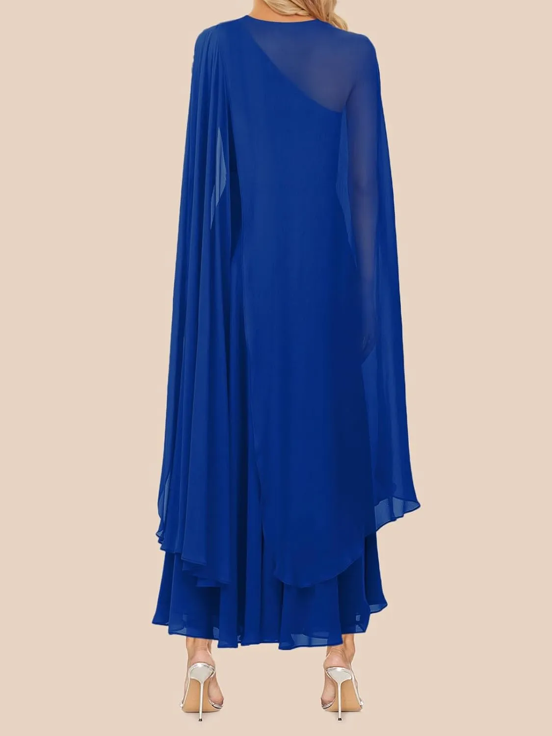 Lrady Women's Elegant Evening Gowns Crewneck One Shoulder Flowy Aline Wedding Guest Party Formal Maxi Dresses with Cape