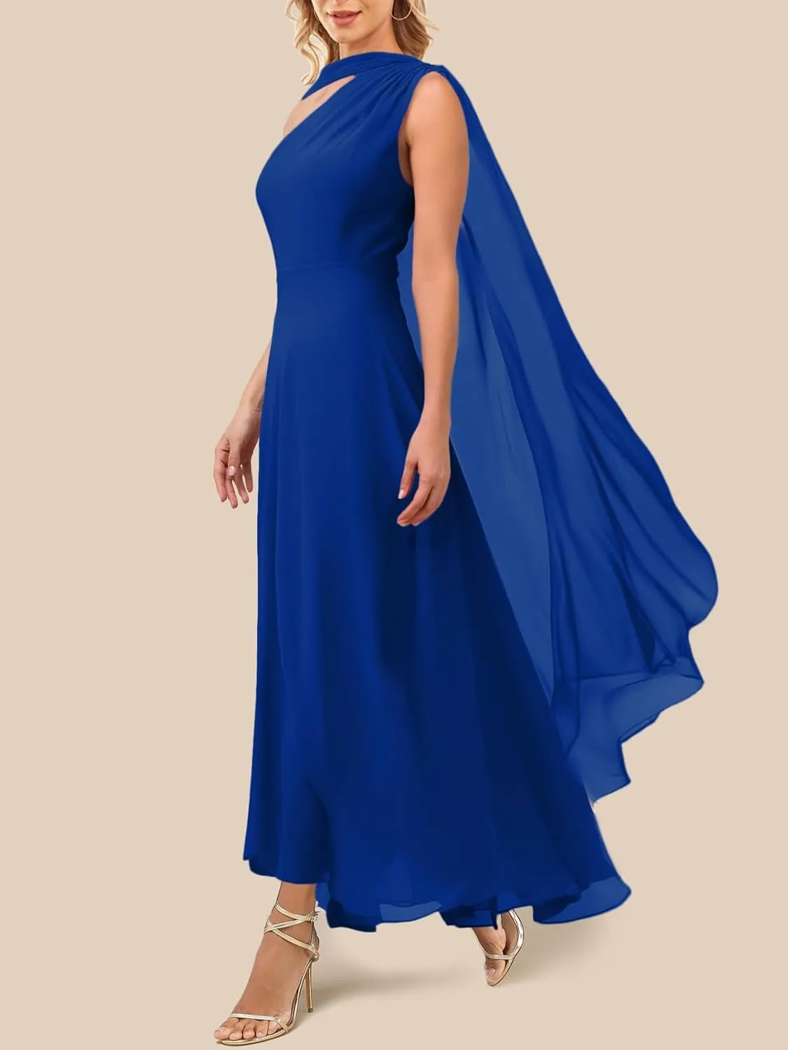 Lrady Women's Elegant Evening Gowns Crewneck One Shoulder Flowy Aline Wedding Guest Party Formal Maxi Dresses with Cape